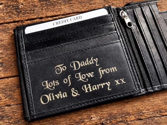 Mens Personalised Engraved Wallet, Genuine Soft Black Real Leather Wallet, Personalised Gift for Him, Boyfriend, Husband, Dad, Grandad, Son