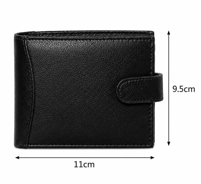A closed black leather wallet with dimension arrows showing a height of 9.5cm and width of 11cm.