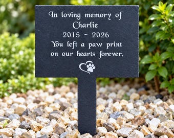 Personalised Pet Grave Marker, Engraved Slate Memorial Plaque with Stake, Dog or Cat Garden Tribute, Pet Loss Remembrance Gift