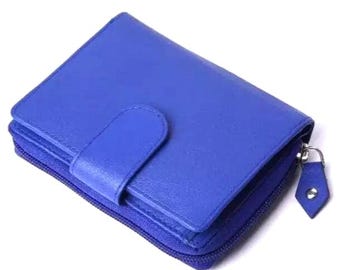 Womens Genuine Leather Blue Small Zip Around Purse, Ladies Credit Card Holder, RFID Protected Coin Wallet