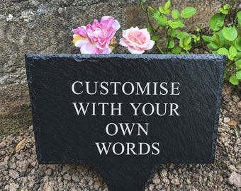 Personalised Engraved Slate Plaque – Rustic Stake Sign, Any Custom Message Outdoor / Indoor Waterproof Spike Signs