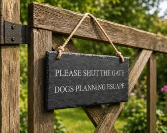 Dog Planning Escape, Funny Dog Gate Slate Sign, Keep Closed Hanging Plaque, Pet Owner Housewarming Gift, Farmhouse Entrance Notice Outdoor