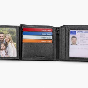 An open black leather wallet showing a family photo on the left, credit cards in the center, and a driving licence on the right.