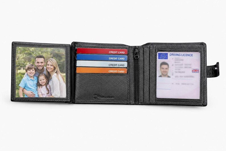 An open black leather wallet showing a family photo on the left, credit cards in the center, and a driving licence on the right.