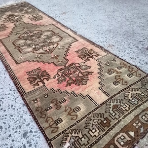 Pink Wool Oushak Rug 2x7 ft - Turkish Accent Rug