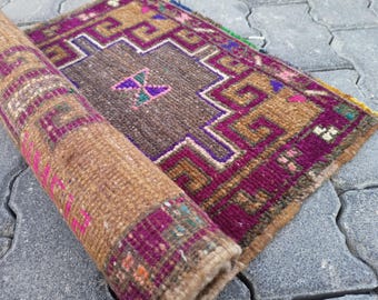 Turkish vintage rug, Decor bath mat, Brown Purple Rug, indoor-outdoor,bathmat-doormat, antique Small Rug,Wool mini rug, Hand knotted rug,151