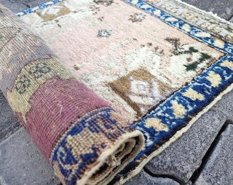 Oushak Rug 2x3 , small orange wool turkish rug , Vintage pale color, rustic Home Decor, bathmat-doormat 658