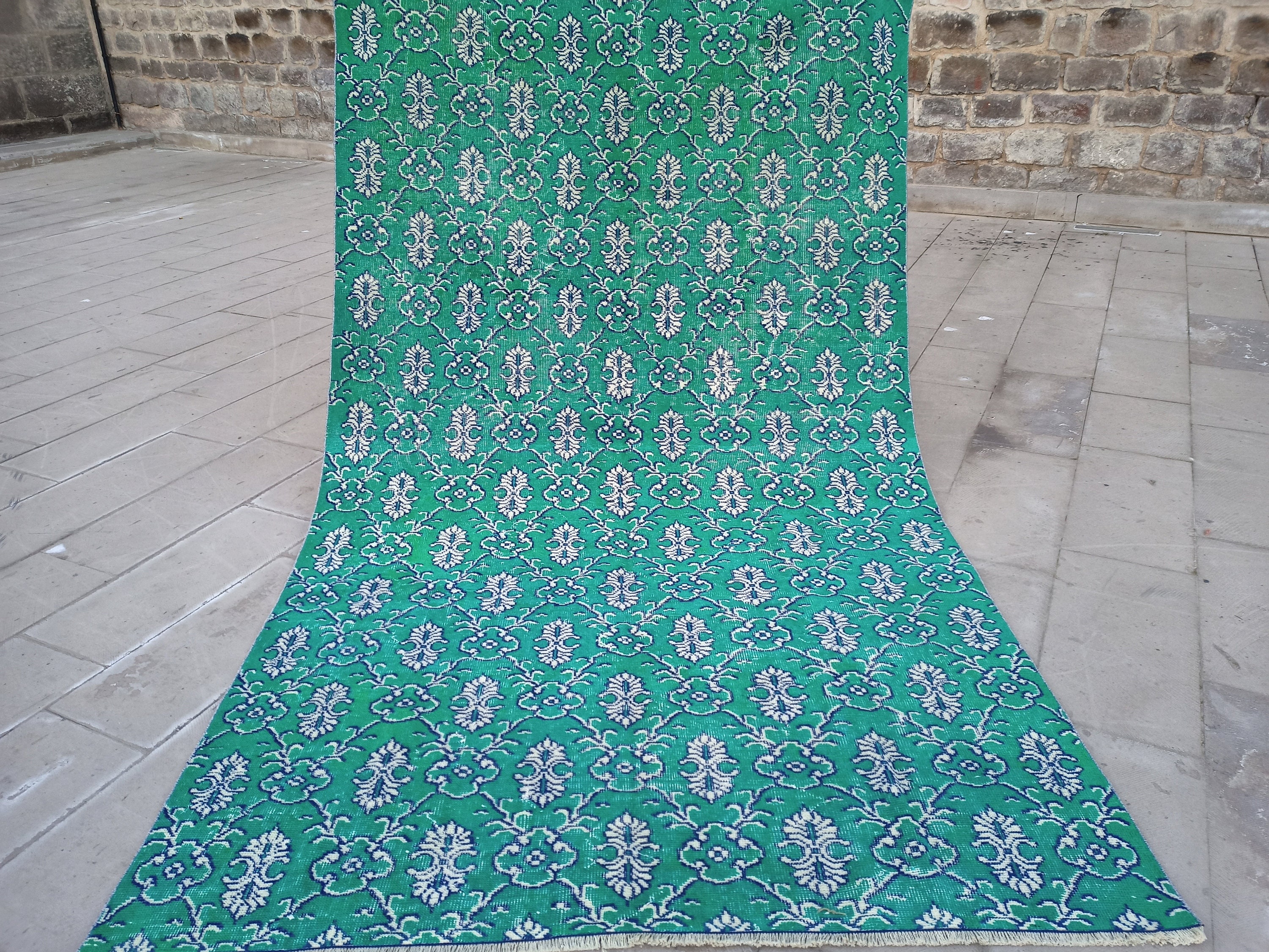 トルコ製ヴィンテージグリーンウールラグ - 手作りトルコスター