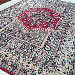 Vintage Turkish Rug 4x6 Ft - Handwoven Wool Area Rug - Red Beige Geometric Oriental Carpet - Mid Century Anatolian Boho Decor *MOTHER&#39;S DAY