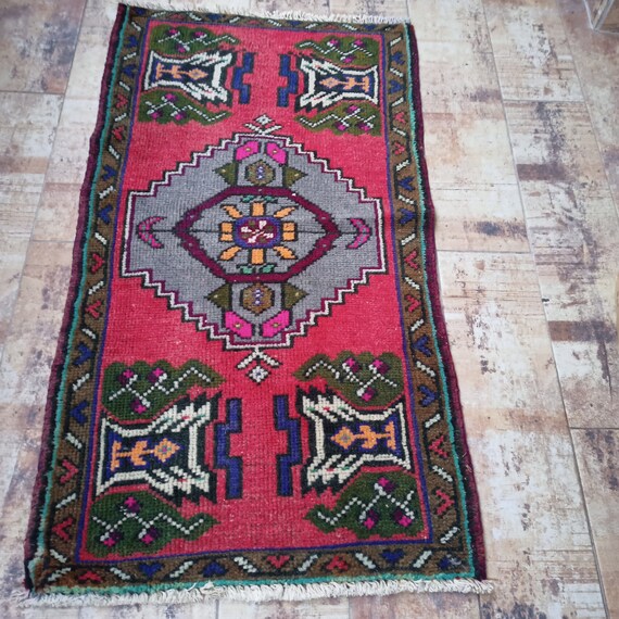 Bahtroom Rug Door Mat Small Rug,Orange Bohemian Rug 3 x 1,6 Turkish Handmade Vintage Oushak Small Rug Small Pink Grey Rug