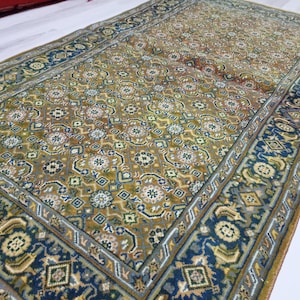 3x5 Vintage Turkish Rug - Golden Blue Floral Wool Carpet - Handwoven Oriental Area Rug - Classic Boho Home Decor *MOTHER&#39;S DAY