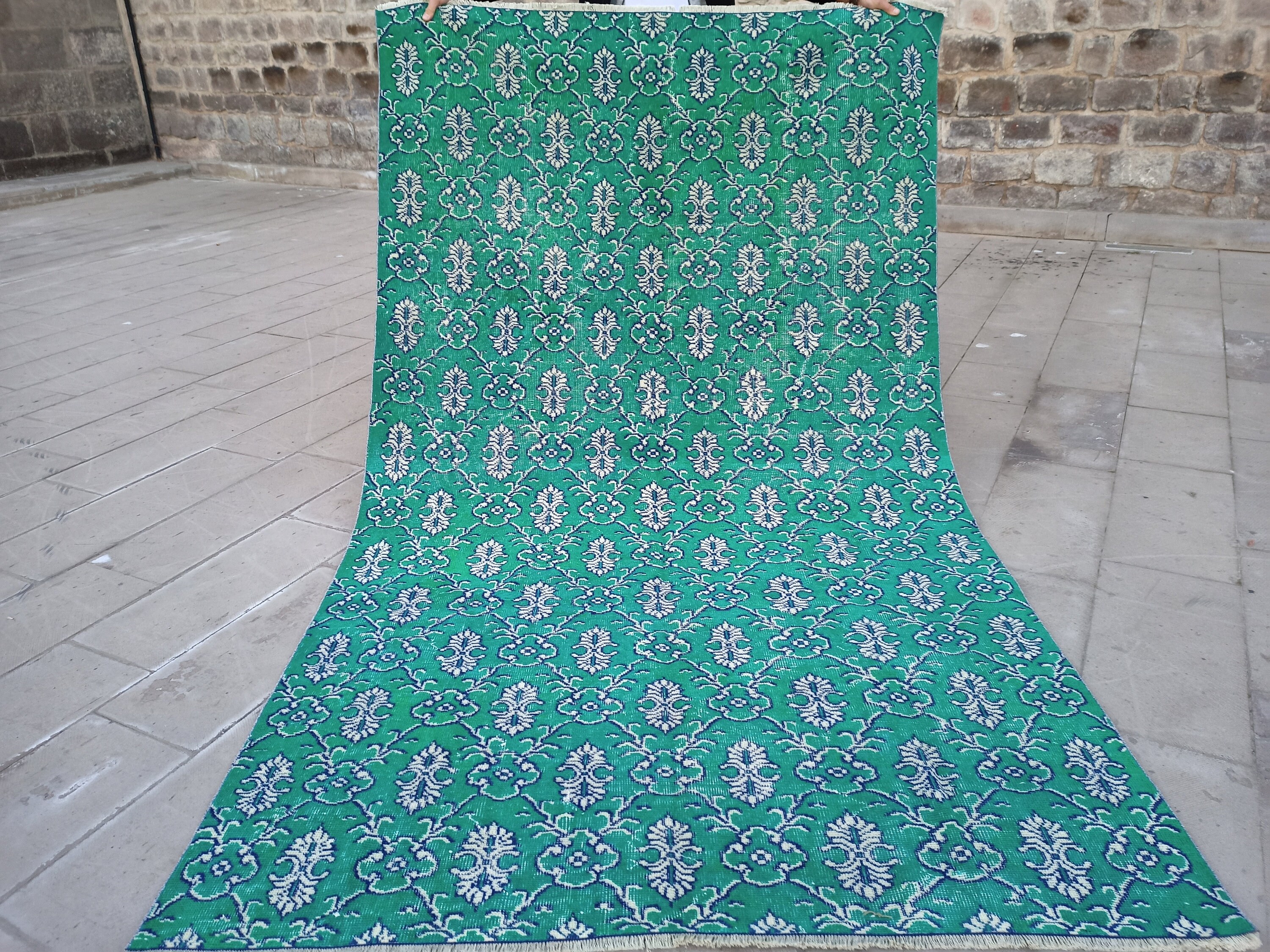 トルコ製ヴィンテージグリーンウールラグ - 手作りトルコスター