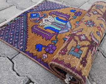 Vintage Brown Small Rug , Turkish Mini Rug , Handwoven Tiny Rug , ISABELLA 1.35x3.1 feet