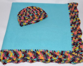 Baby Gift Set:  Blanket with crochet boarder and coordinating hat. Teal blue with variegated yarn in rich tones.