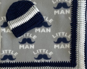 Crochet Baby Blanket, Baby Boy, Little Man Mustache fleece, Navy and Grey,