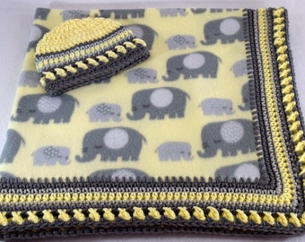 Baby Gift Set:  Blanket with crochet boarder and coordinating hat. Cute Elephants on soft yellow background.  Made to Order