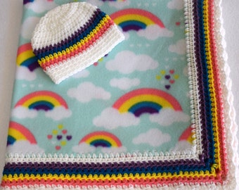 Manta de bebé hecha a mano con arcoíris, juego de regalo para baby shower, guardería con temática de arcoíris, regalo para beber y ver, manta de bebé con arcoíris