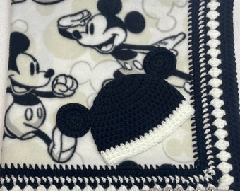 Baby Gift Set: Mouse Blanket with crochet boarder and coordinating hat. Disney nursery theme gift, baby shower