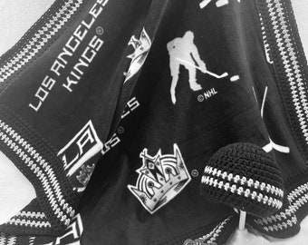 Los Angeles Kings Baby Gift Set, Fleece Blanket with Crochet Boarder and coordinating hat, LA Kings Hockey, Baby Shower Gift Sports Fan.