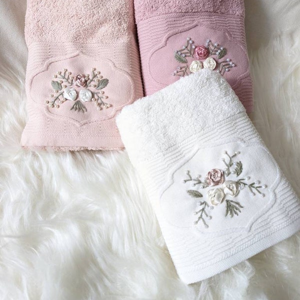 2 set of Handmade Rose Embroidered Soft Quality Turkish Hand Towels