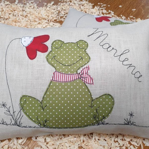 Zirbenkissen aus OEKO-TEX Leinen, Frosch- Applikation, Personalisierung möglich, 20x30 cm, Gefüllt mit naturreinen Zirbenflocken, Geschenk!