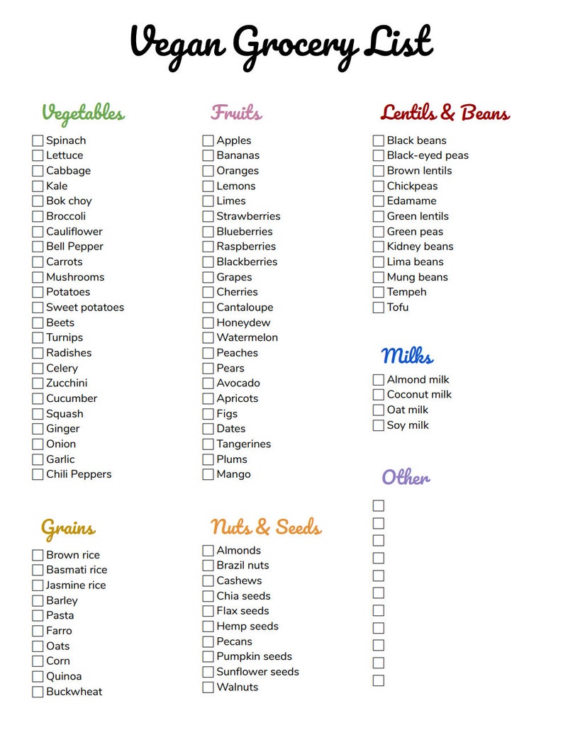 Vegan Plant Based Grocery List - Etsy