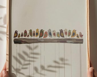 Colorful Birds on Branch Print, Whimsical Nursery Art (Digital Download)