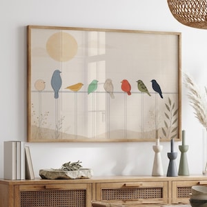 Iögonfallande väggdekor, Bauhaus-fågeltryck, horisontell väggkonst, geometrisk fågelillustration, modern konst från mitten av århundradet, skandinavisk inredning
