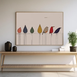 Horizontal Birds on Wire Wall Art Printable, Minimalist Bird Illustration, Neutral Bedroom Decor, Wide Above Bed Poster, Digital Download