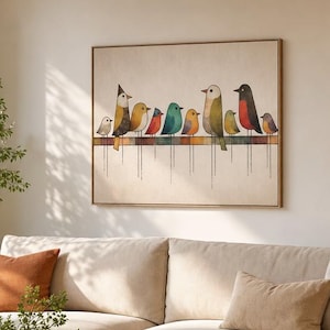 Statement Wall Decor, Scandinavian Bird Art, Horizontal Wall Art, Large Geometric Bird Print, Mid Century Modern Art, Modern Nursery Decor