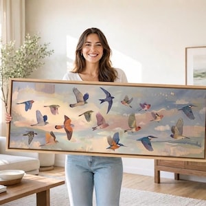 パノラマ鳥のウォールアート、横長のキャンバス、自然をテーマにした壁飾り