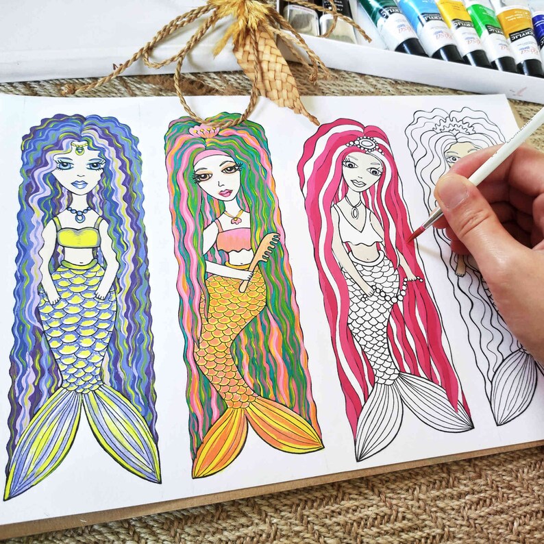 Printable Bookmarks Set Mermaid Coloring Page for Kids Adult Etsy