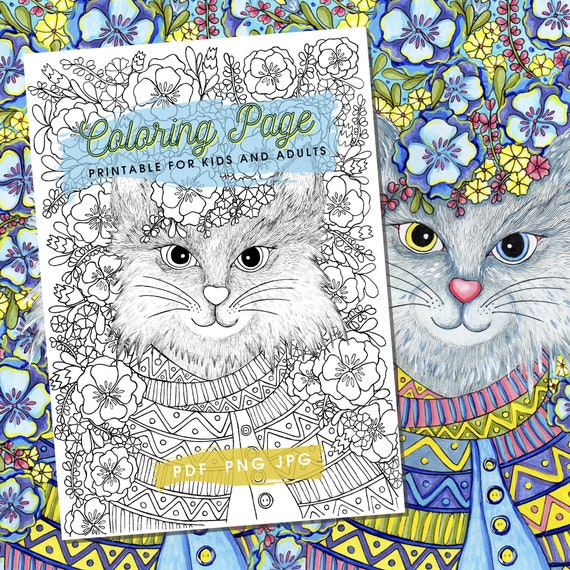 Printable Adult Cat Coloring Page PDF Fantasy Flower Kids - Etsy