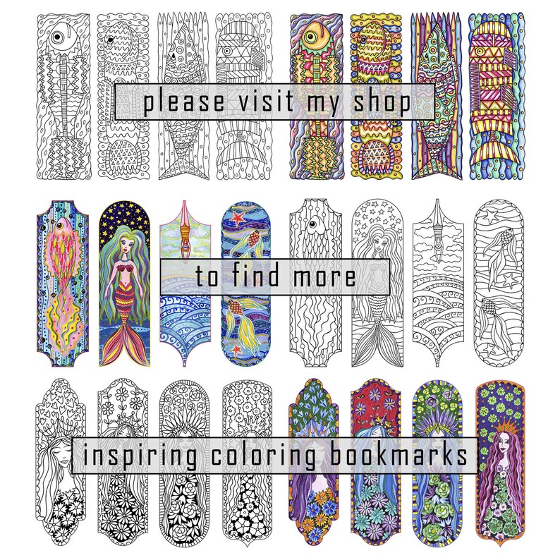 Printable Bookmarks Set Mermaid Coloring Page for Kids Adult Etsy