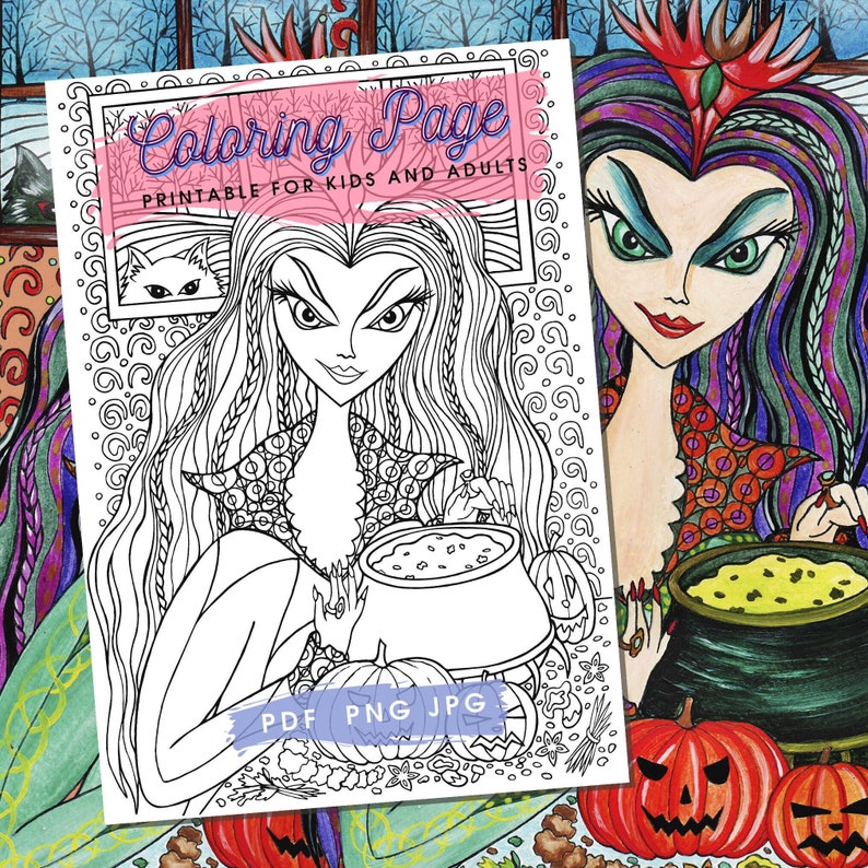 Adult Coloring Page Printable Salem Witch Halloween Coloring - Etsy