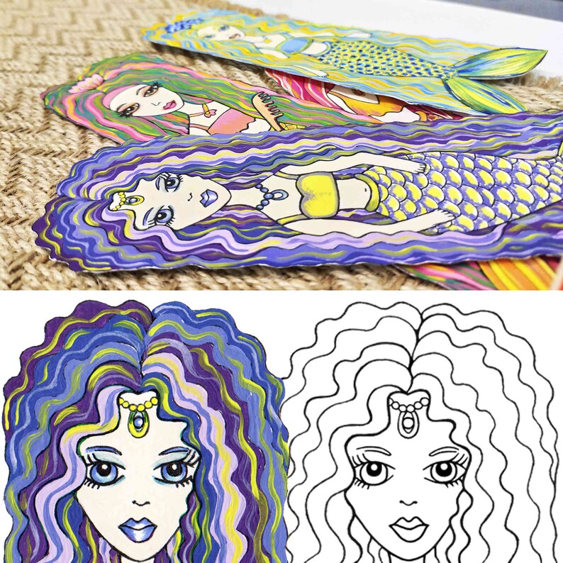 Printable Bookmarks Set Mermaid Coloring Page for Kids Adult Etsy