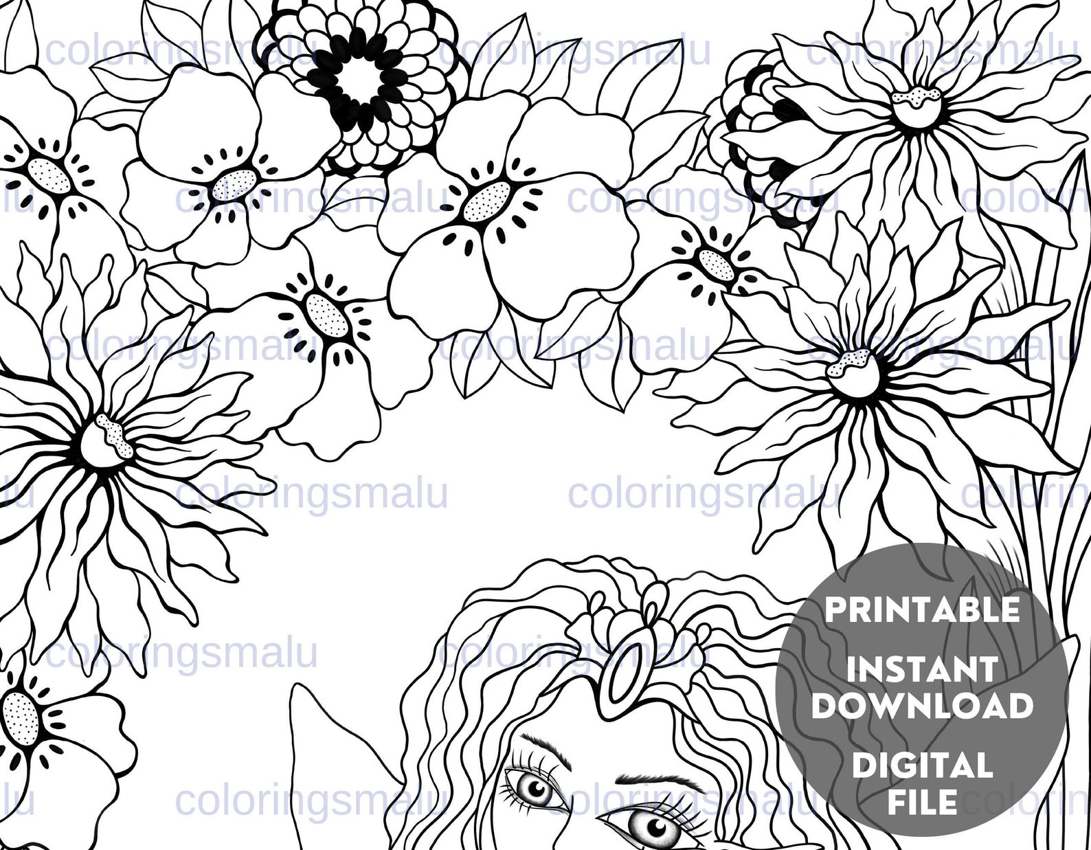 Printable Adult Grayscale Coloring Page Bundle Spring Flower Etsy