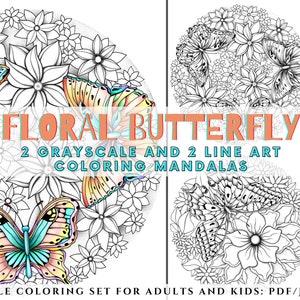 Grayscale Floral Mandala Coloring Pages Printable, Butterfly Coloring Page for Adults, Cute Mini Coloring Book with Monarch Butterflies