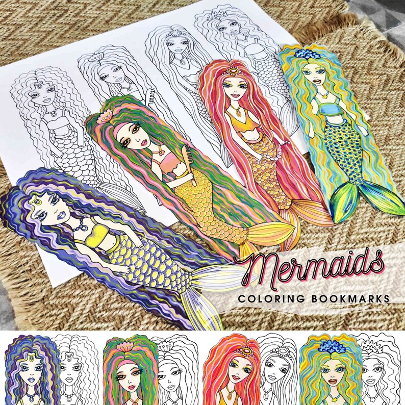 Mermaid Coloring Page Printable Bookmarks Set for Kids Adult Etsy
