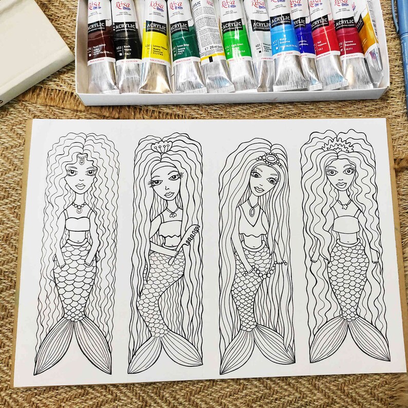 Printable Bookmarks Set Mermaid Coloring Page for Kids Adult Etsy