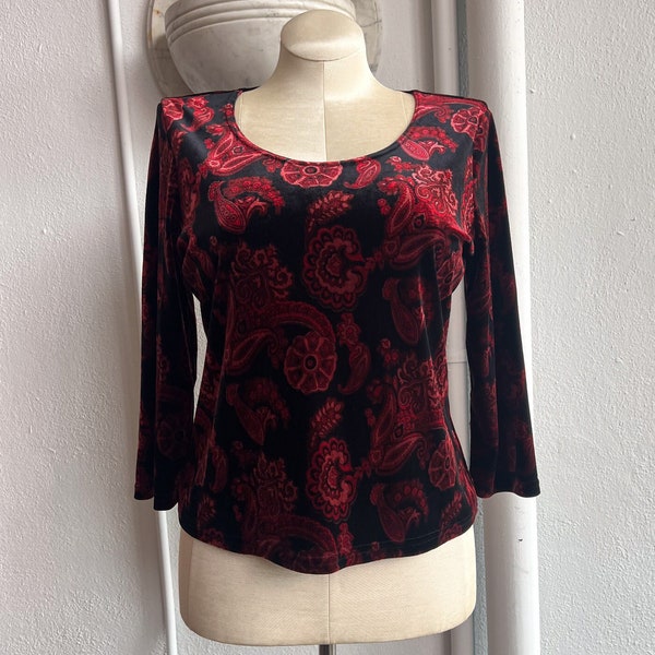 Early 2000's Late 90's Gothic Vampire Vampy 3/4 Sleeve Velvet Top in Red and Black Retro Paisley Floral Pattern, Women's Large, Excellent