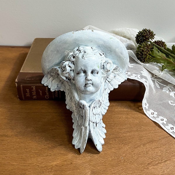 étagère vintage Chalkware Cupidon, tête de chérubin en céramique avec ailes, Art nouveau italien baroque, décor gothique, petite étagère murale en plâtre céramique