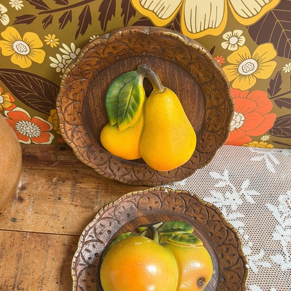 Vintage Retro 1970s 3D Chalkware Pear and Apple Kitchen Wall Hangings, Kitschy Fruit Themed Home Decor, Cottagecore Country Farm  Wood Art