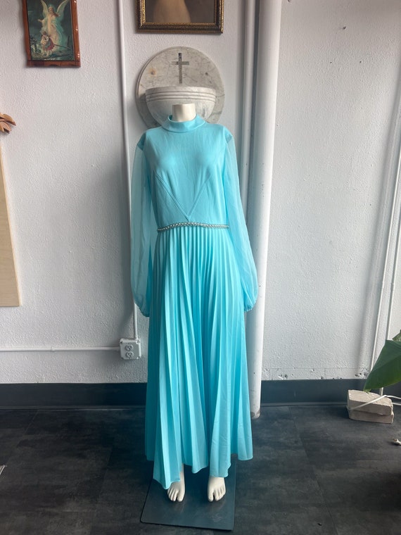 1960s 1970s Pastel Blue Gown with Pearl Beaded Wai