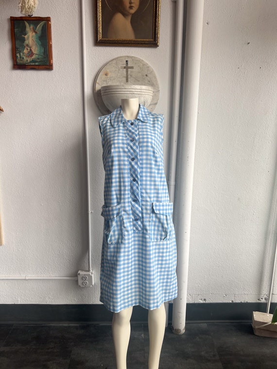 1960's Vintage Light Blue Collared Gingham Plaid … - image 1