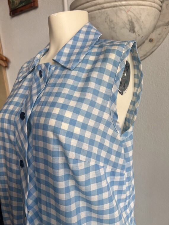 1960's Vintage Light Blue Collared Gingham Plaid … - image 3