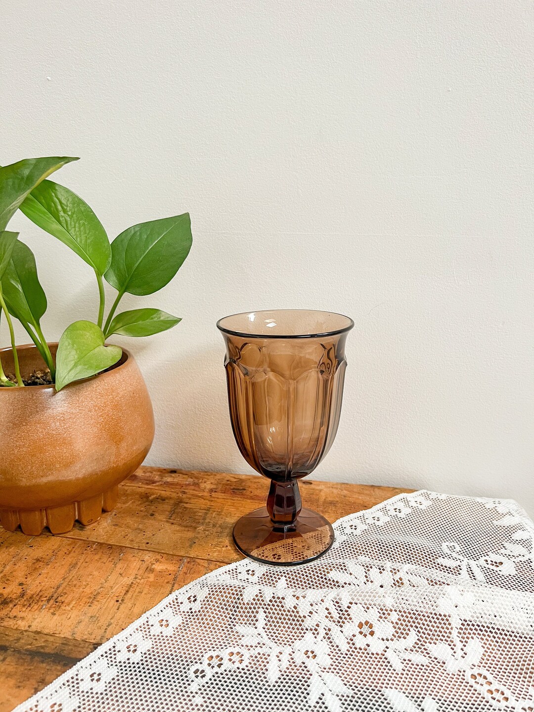 Vintage Noritake Provincial Brown Glass Stemmed Goblet, Smoky Colored