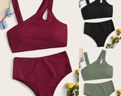 Summer Women 39 s Sloping Shoulder Hollow Out High Waisted Solid Colors Bikini Set Swimsuit Swimwear Beachwear Stroje Kapielowe P4
