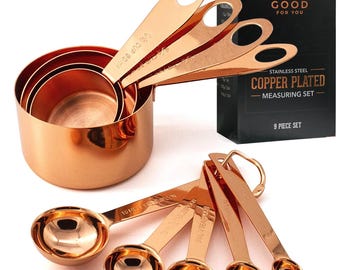 Copper Plated Measuring Cups and Spoons Set: Stainless Steel, Engraved