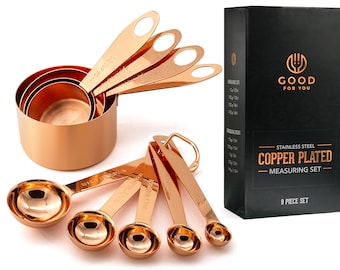 9 Piece Copper Stainless Steel Measuring Cups and Spoons Set with Engraved Measurements - Perfect Baking Gift - Perfect Christmas Gift Idea